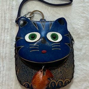 Handmade Embossed Genuine Leather Cat & Fish Coin Purse/Wristlet/ Pouch